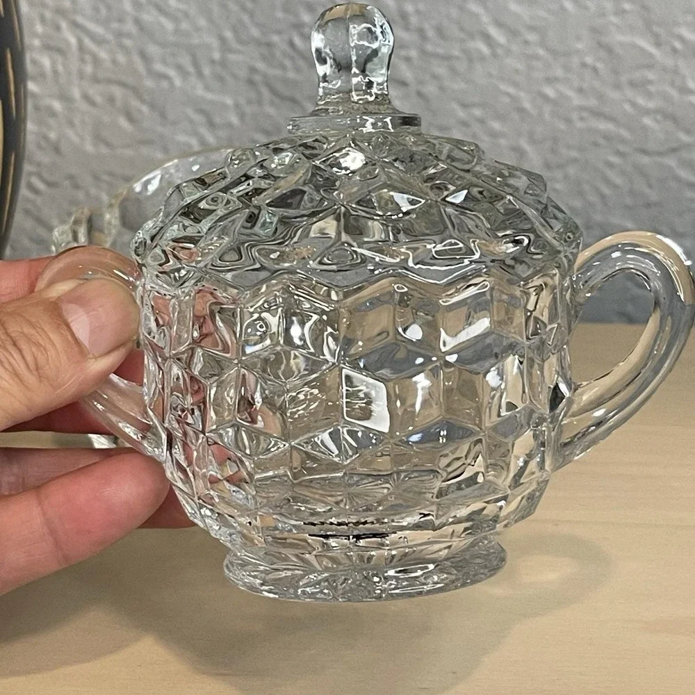 Vintage Fostoria American Cubist Pattern Clear Glass Creamer &‎ Sugar Set W/Lid